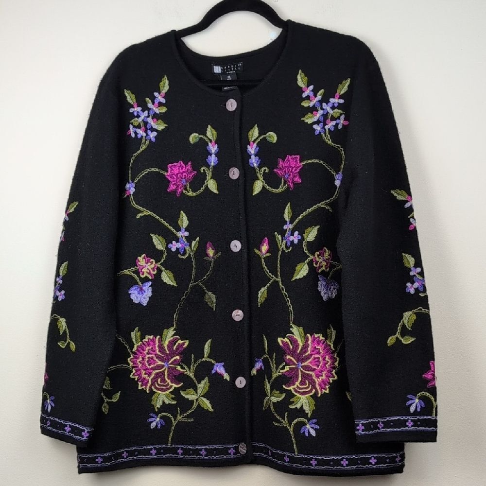 Carole Little Woman 100% Wool Floral Embroidered Cardigan Sweater Jacket Size 2X